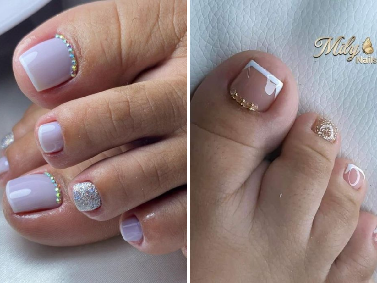 Francesinha no pé com pedrinhas. Foto mostra dois pés com unha franceisinha e pedrinhas brilhantes no topo da unha.