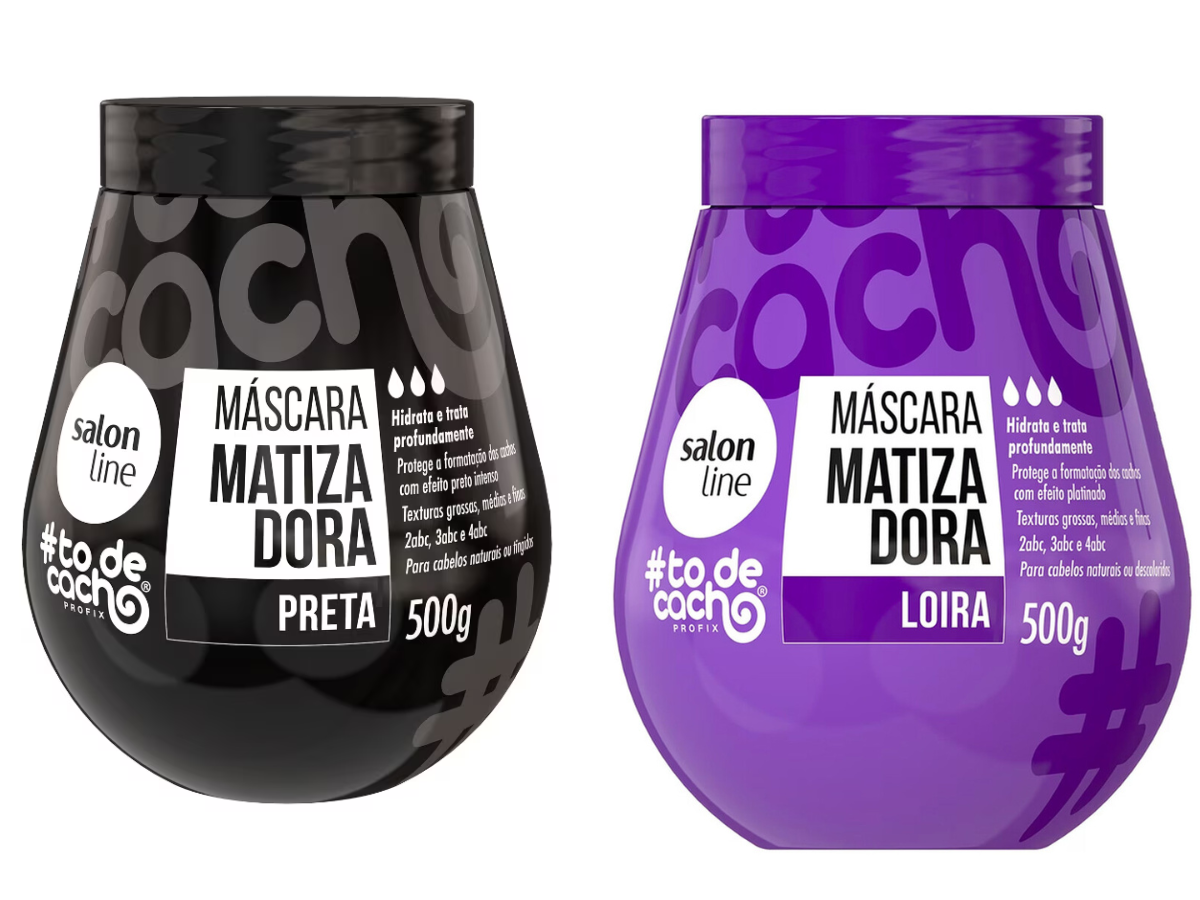 Matizador da Salon Line. Na foto aparece duas máscaras da marca sendo uma preta outra roxa.