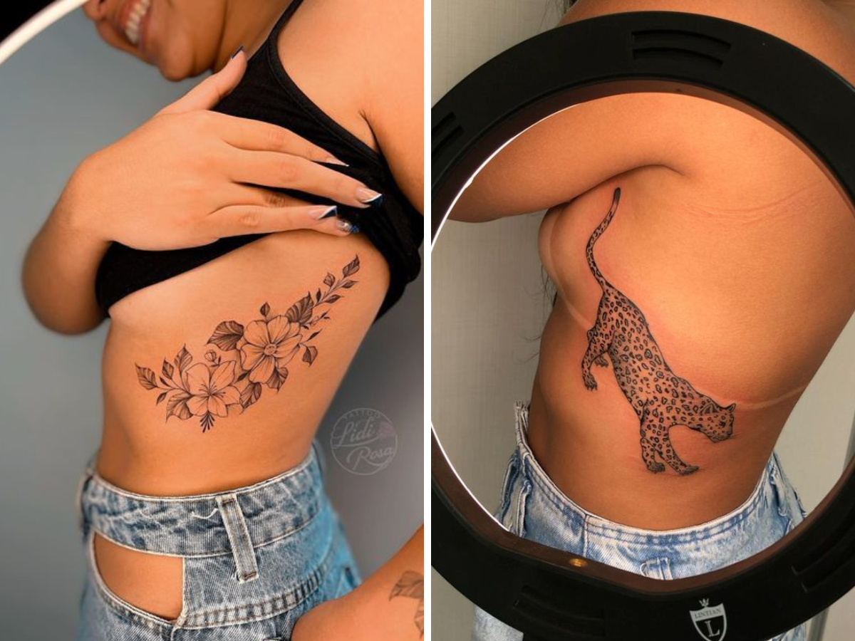 Tatuagem na Costela Feminina. Foto mostra duas mulheres mostrando a costela, onde uma tem o desenho de flores em preto e branco e outra o desenho de uma onça-pintada em preto e branco.