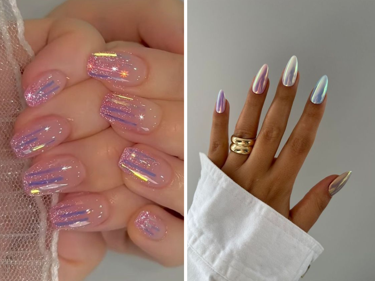 Unhas de Fibra de Vidro 2024. Foto traz duas mãos com unhas com efeito holográfico