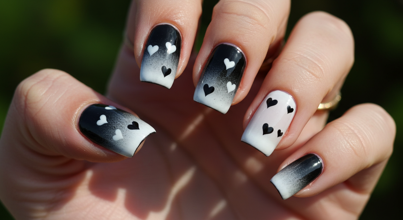 Unhas preto e branco com corações