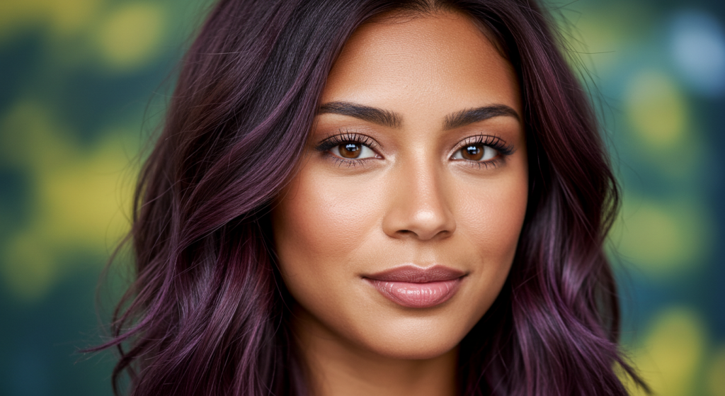 Cabelo de cor chocolate com fundo violeta