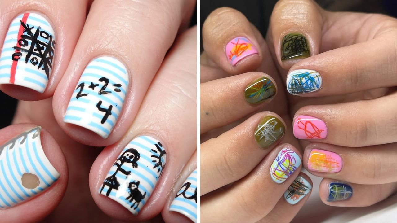 unhas com rabiscos de caderno