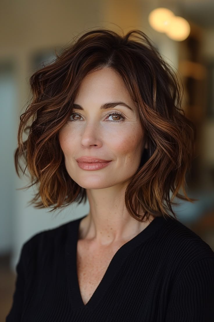 mechas chocolate em cabelo de mulher madura