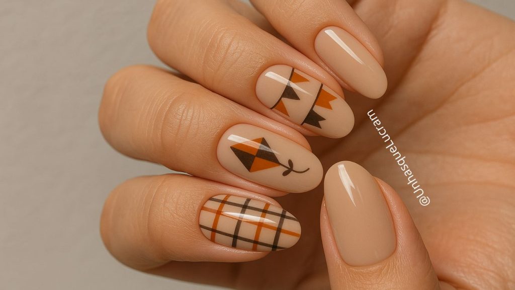 Unhas decoradas de festa junina cores neutras