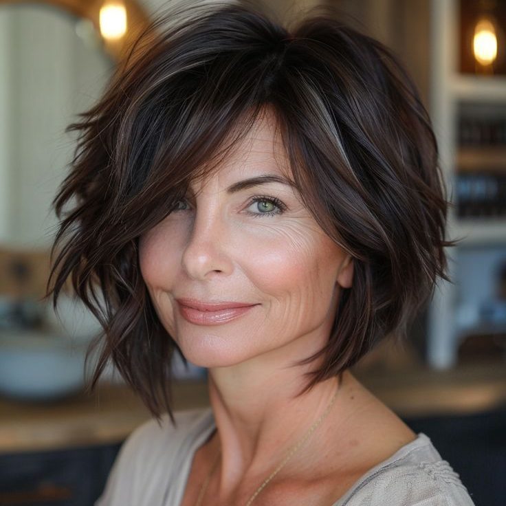 long bob assimétrico em mulher acima de 50 anos