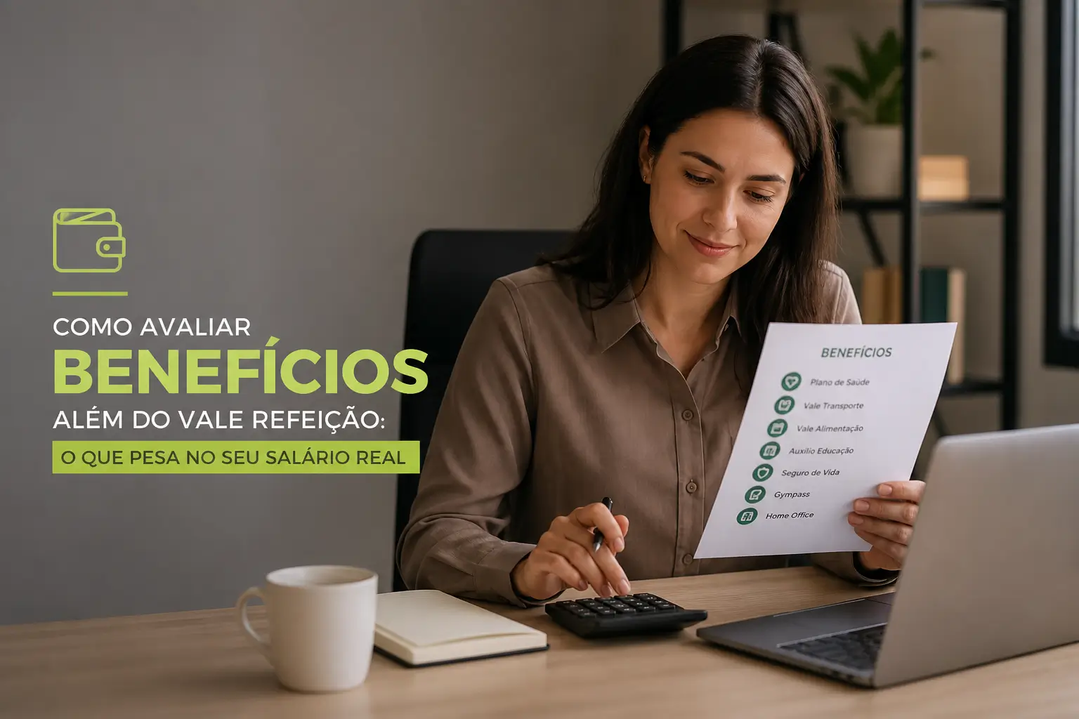 Mulher avaliando benefícios em documento com calculadora