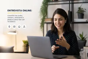 Mulher em entrevista online de educação financeira 2026