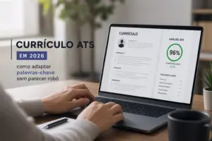 Pessoa com notebook sobre currículo ATS e palavras-chave em 2026