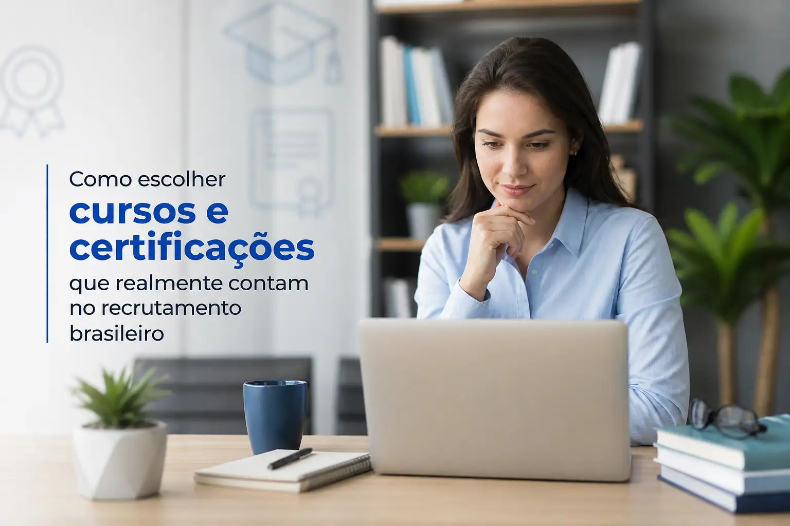 Mulher em escritório moderno escolhendo cursos no laptop