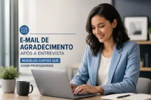 Empresária sorridente no escritório com texto 'E-mail de agradecimento'