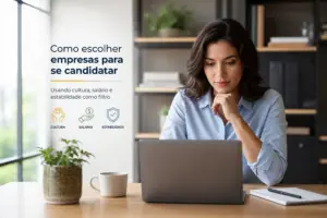 Mulher em escritório moderno escolhendo empresas para candidatar-se