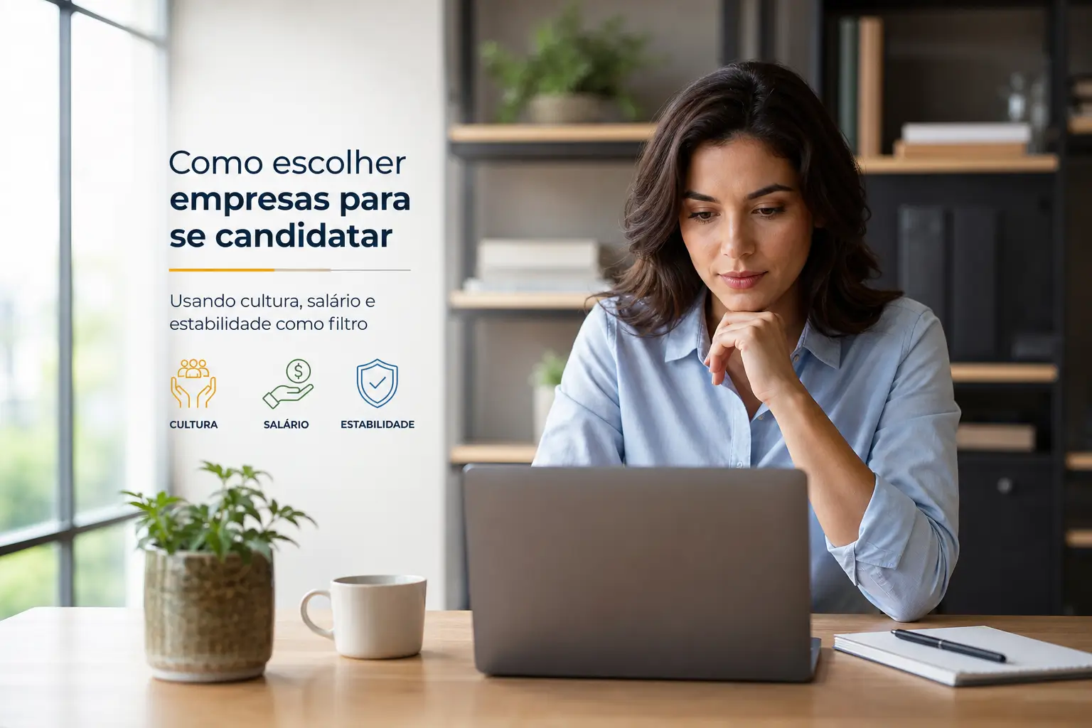 Mulher em escritório moderno escolhendo empresas para candidatar-se