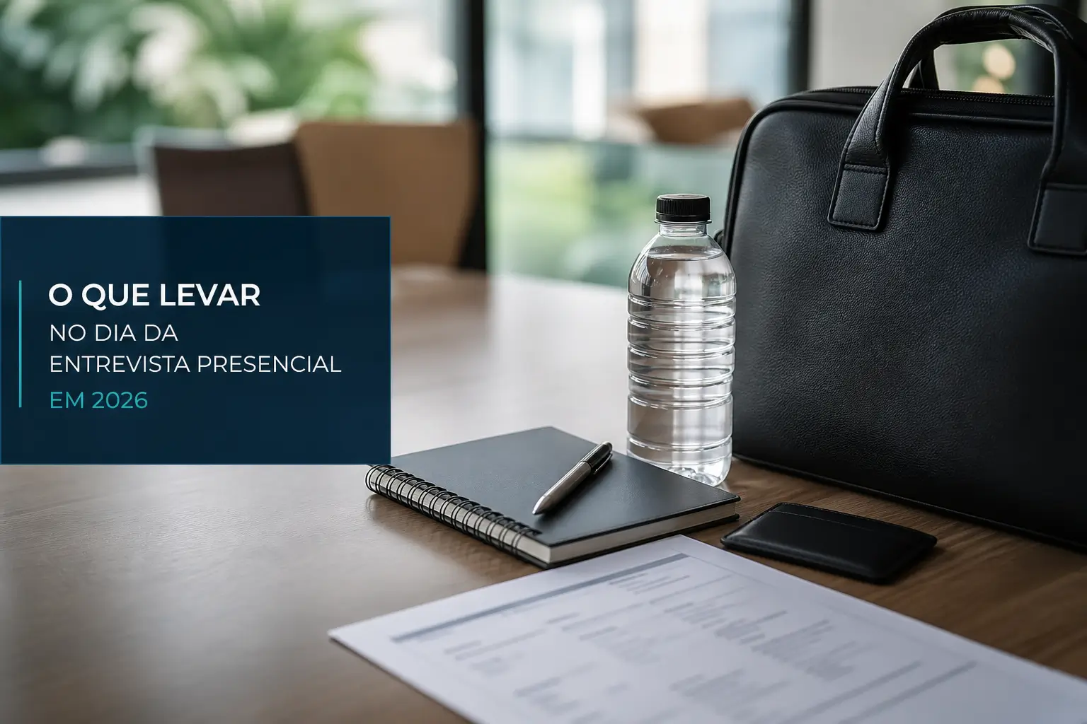 Escritório com bolsa, garrafa de água, caderno e smartphone