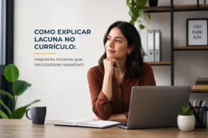 Mulher profissional em escritório explicando lacuna no currículo
