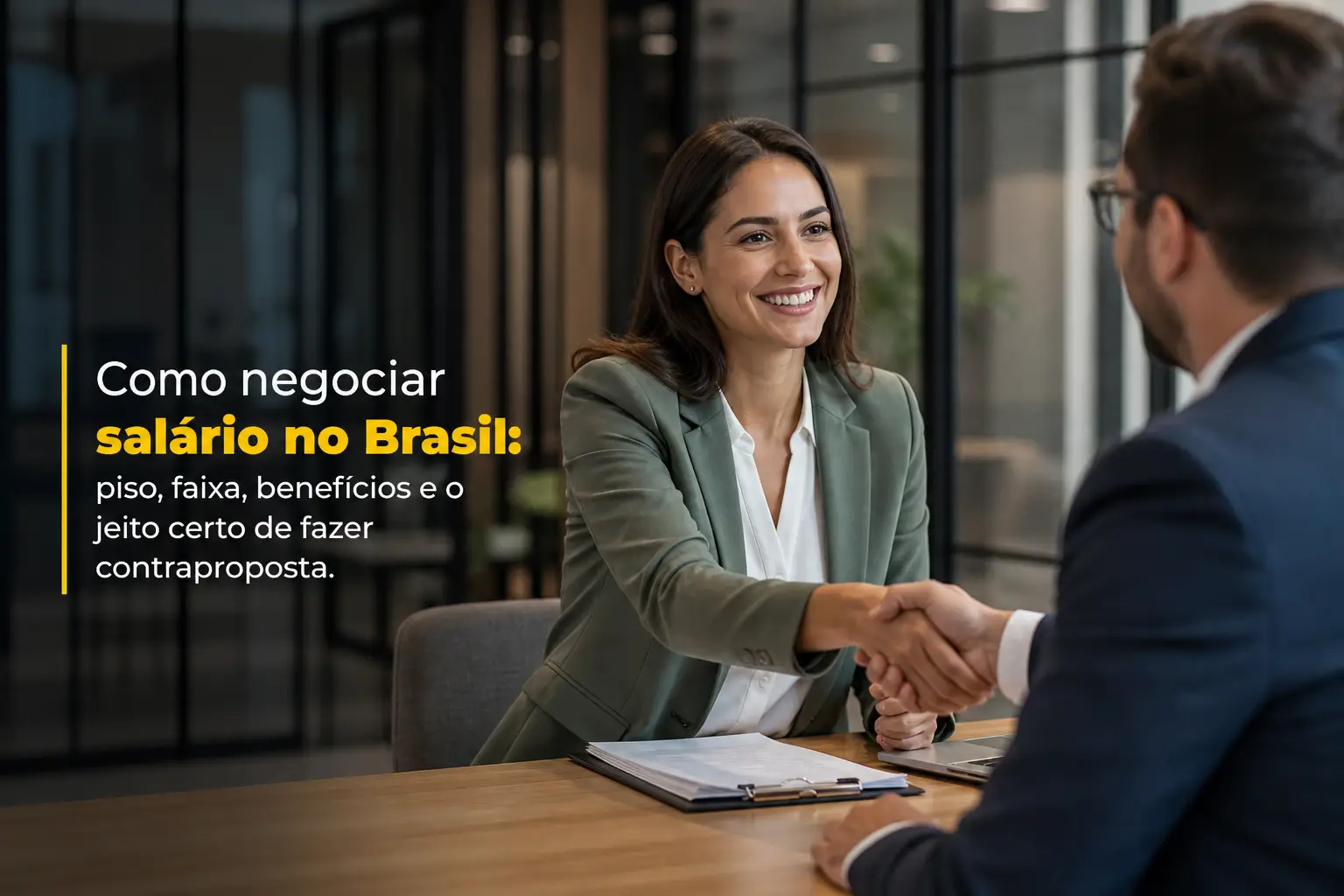 Mulher com blazer verde e homem apertando mãos em acordo salarial