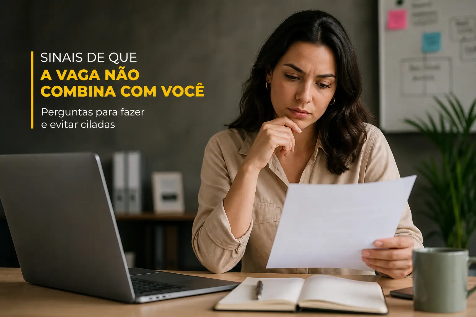 Mulher preocupada em escritório lendo documentos no notebook