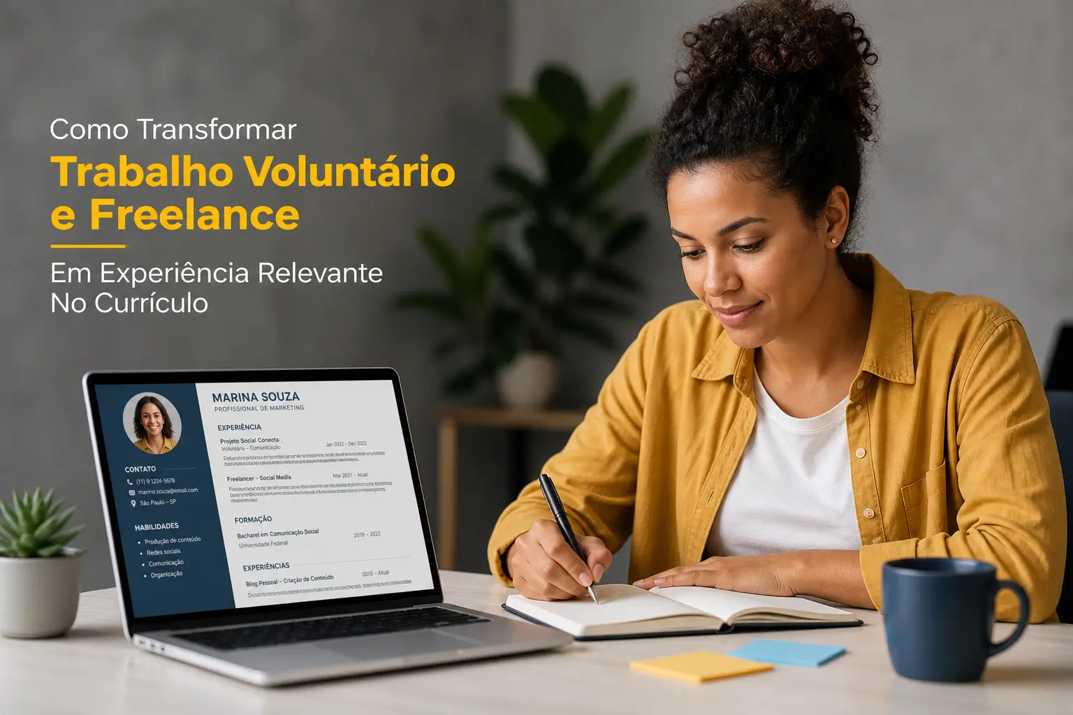 Mulher trabalhando em currículo no laptop para educação financeira 2026