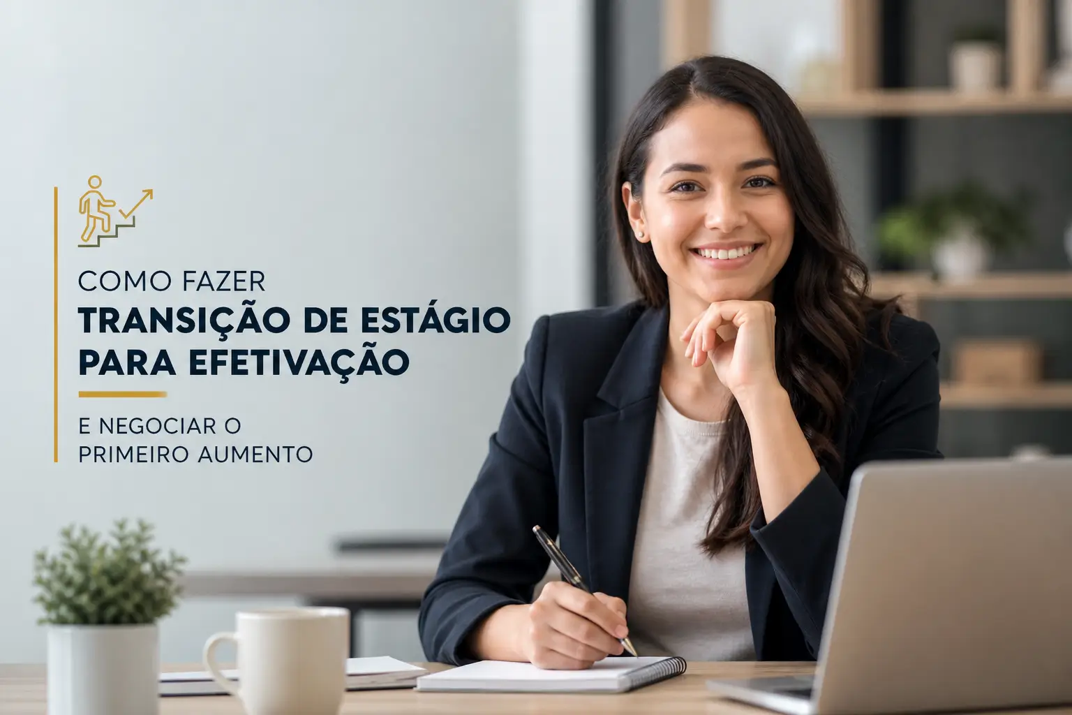 Executiva sorrindo escrevendo sobre transição de estágio