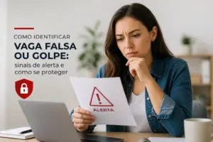 Mulher preocupada com alerta de potencial golpe no laptop
